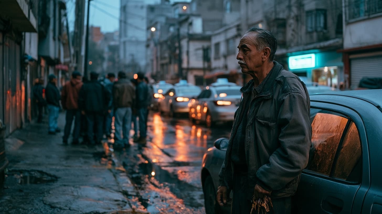2032 · Todavía tiene las llaves. Escena ficticia creada con Midjourney. Un conductor sostiene sus llaves mientras otros se reúnen en una calle de Ciudad de México.