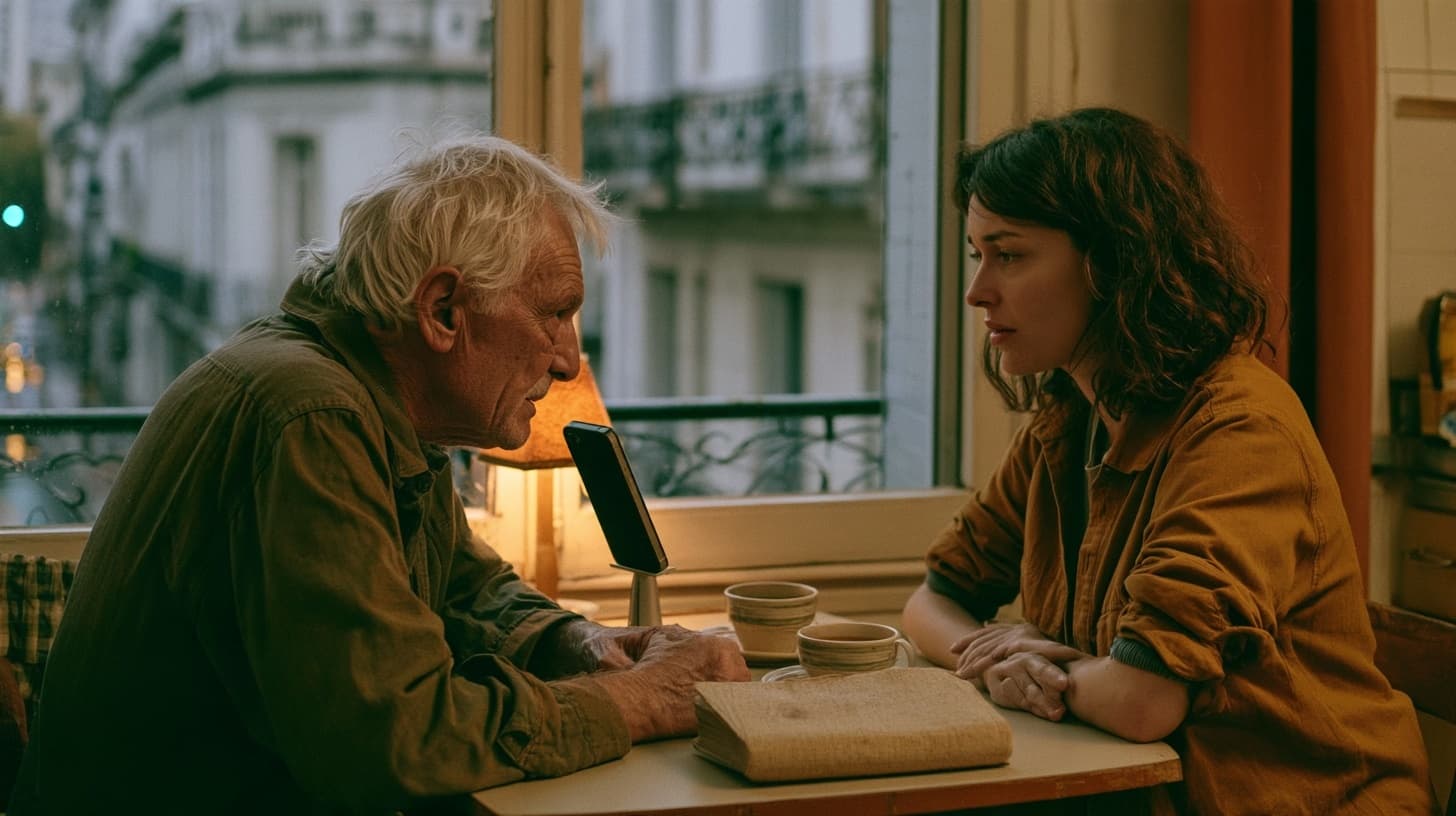 2033 · Alguien que siempre contesta. Escena ficticia creada con Midjourney. Un padre mayor y su hija adulta frente a un teléfono y dos tazas en Buenos Aires.