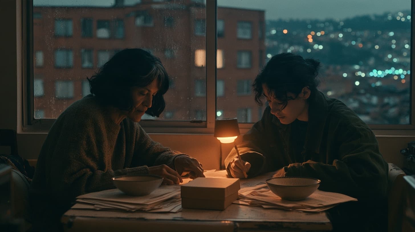 2039 · La misma mesa, doce años después. Escena ficticia creada con Midjourney. Una madre y su hija adulta revisan papeles junto a dos platos y una caja, bajo una lámpara en Bogotá.